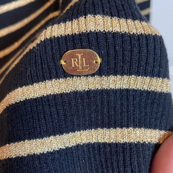 Lauren Ralph Lauren Women's Black and Gold‎ Ribbed Turtleneck Sweater Size M - Picture 2 of 7